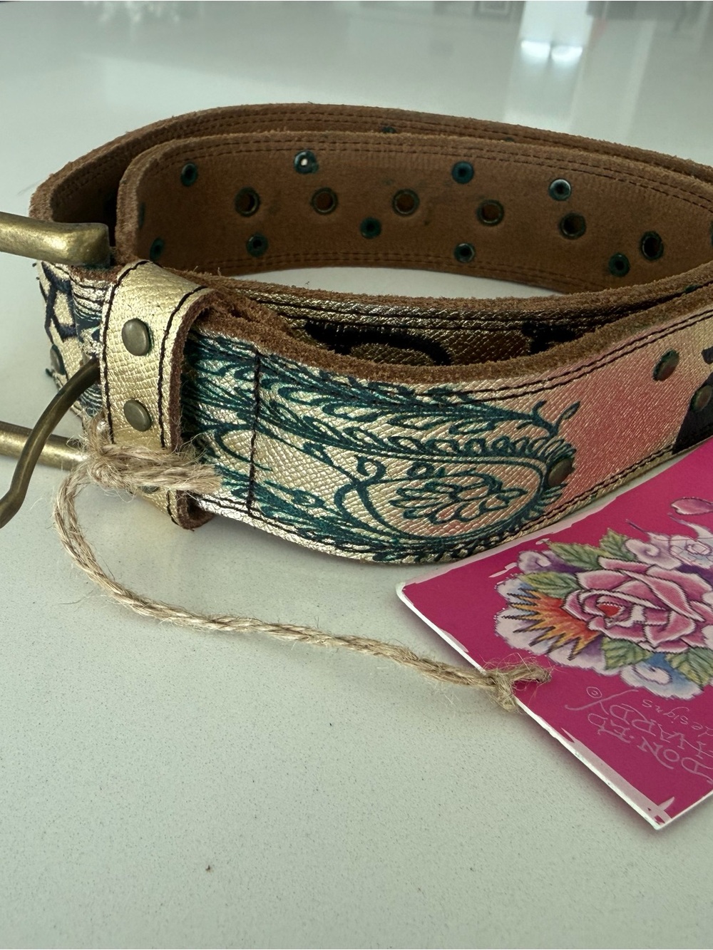 “Vintage Ed Hardy Panther Studded Metallic Gold Leather Belt Y2K Size M NWT”